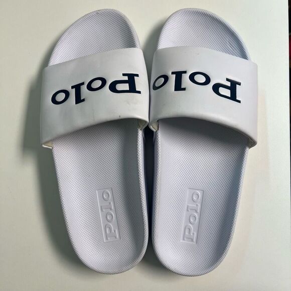 Polo Ralph Lauren Womens Size 9 Polo Spellout Cayson Slides White Black Sandals - Picture 7 of 9